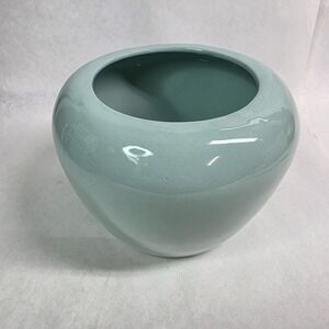 Italian Pottery Planter Vase Aquamarine Glaze Round 5" Tall X 7" Diameter Handma
